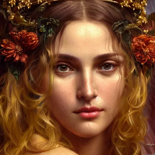 Image similar to closeup portrait of a beautiful alluring female goddess, detailed, centered, digital painting, artstation, concept art, donato giancola, Dante Gabriel Rossetti, alphonse mucha, Joseph Christian Leyendecker, WLOP, Boris Vallejo, Breathtaking, 8k resolution, extremely detailed, beautiful, establishing shot, artistic, hyperrealistic, beautiful face, octane render