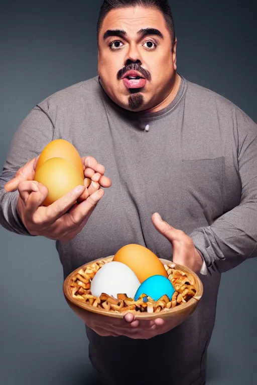 Prompt: 📷 gabriel iglesias comedian the egg 🥚, made of food, head portrait, dynamic lighting, 4 k