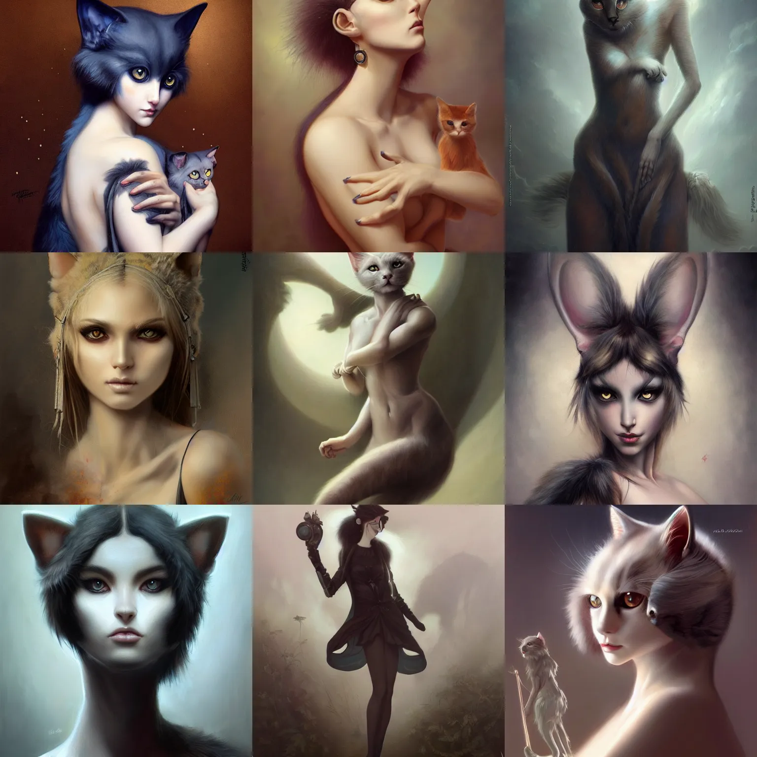 Prompt: a painting of a beautiful humanoid female cat, furry, an ultrafine detailed painting, mark brooks, tom bagshaw, greg rutkowski, centered full body, featured on deviantart, fantasy art, detailed painting, anime