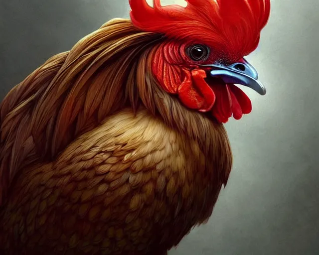 Image similar to realistic photography of a rooster, deep focus, intricate, elegant, highly detailed, digital painting, artstation, concept art, matte, sharp focus, illustration, art by artgerm and greg rutkowski and alphonse mucha