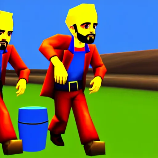 Prompt: jessie pinkman and walter moving barrel, nintendo 6 4 screenshot, low poly, aliased