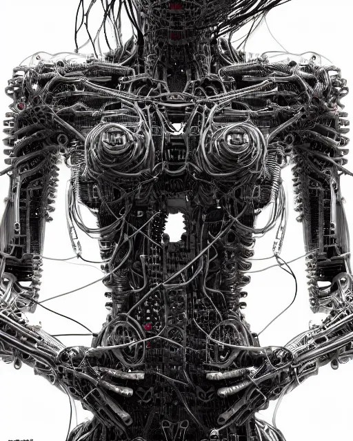 Image similar to portrait photo of a biomechanical torso of a cyborg plugged into a quantum computer with cables and wires and optic fibers. cyberpunk horror style. art by luis royo. highly detailed 8 k. intricate. nikon d 8 5 0 5 5 mm. award winning photography.