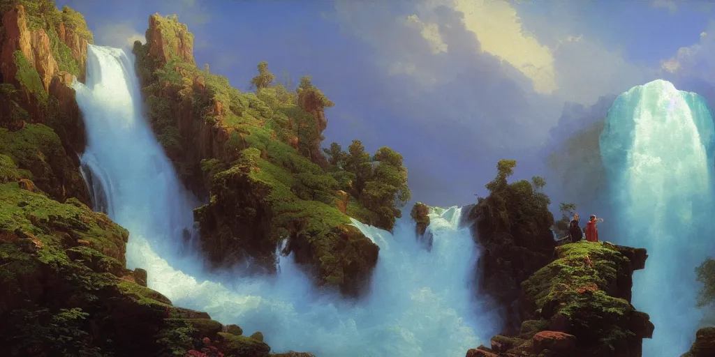 Prompt: high bright waterfall, Ivan Aivazovsky, Christopher Balaskas, Noah Bradley, Albert Bierstadt, Jim Burns, Edwin Church, Frederic Thomas Cole, Brown Durand, Asher David Friedrich, Caspar James Gurney, Johnson Heade, Martin Raphael Lacoste, Ted Nasmith, Andreas Rocha, Christophe Vacher