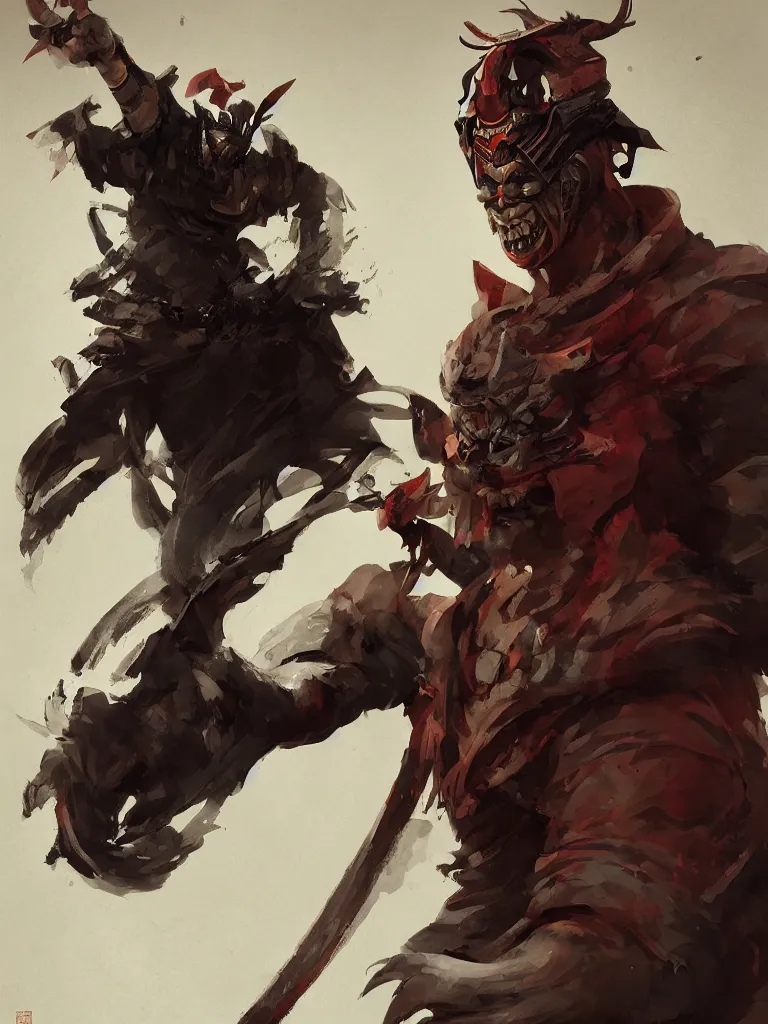 Image similar to samurai with demon mask, doje artstation, cgsociety, greg rutkowski, wlop