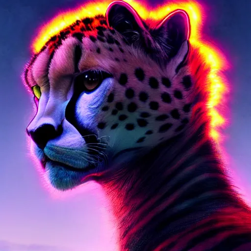 Image similar to a beautiful commission portrait of a male anthro cheetah wearing a neon jacket,futuristic,detailed face,mohawk,cyberpunk city,deviantart,artstation,art by greg rutkowski,ross tran,professional lighting,neon city,night,raytracing,highly realistic,4k,dramatic,hyperrealism