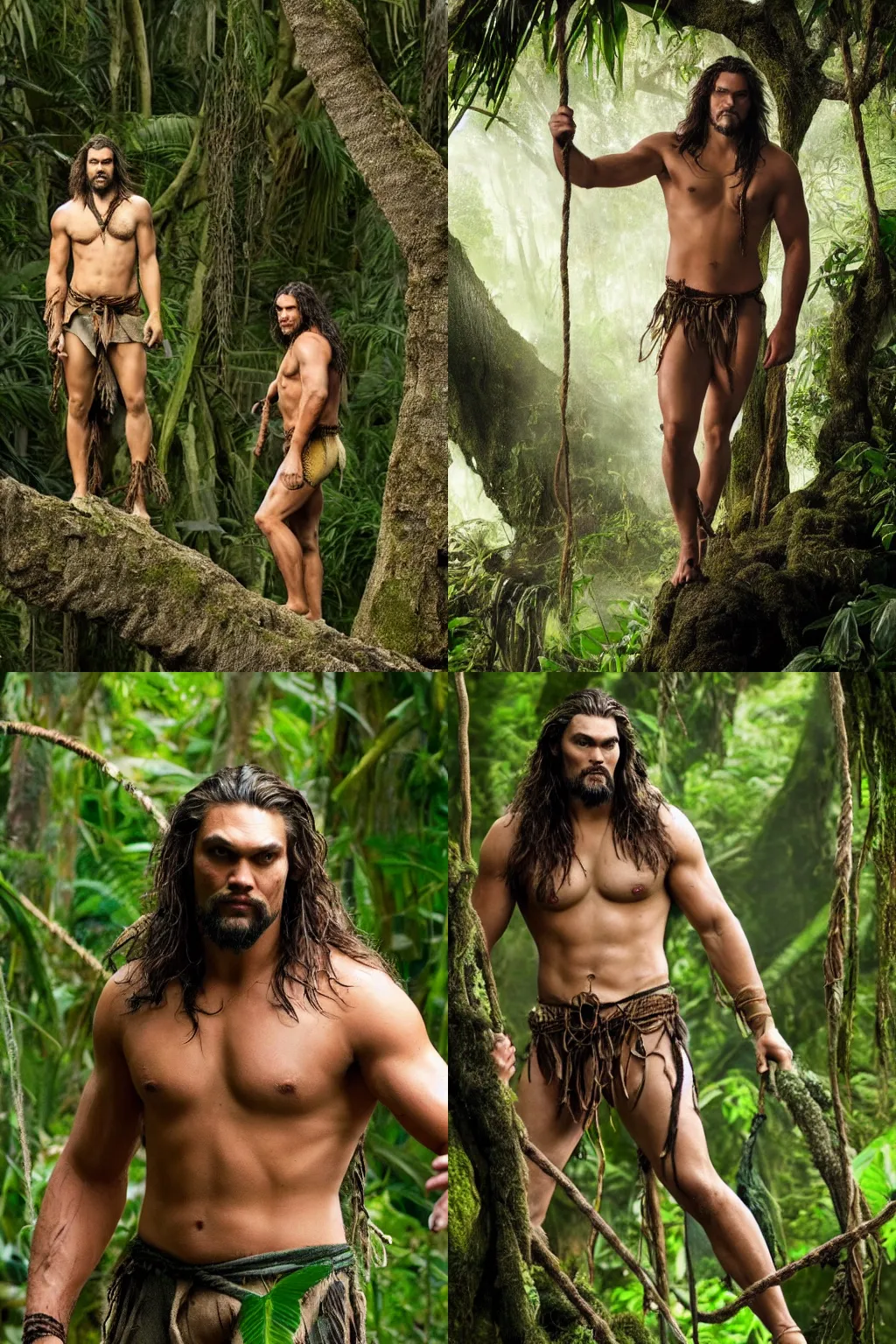 Prompt: Jereme Momoa as Tarzan, lord of the jungle, professional photo, color.
