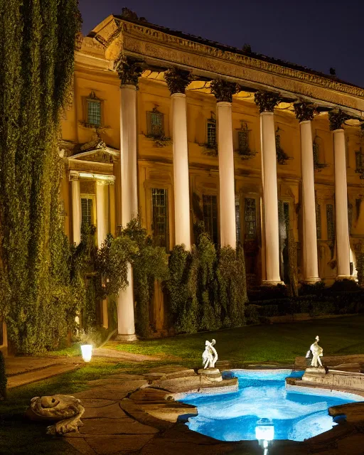 Prompt: photo of beautiful rococo courtyard under moonlight, large glowing moon, pool with rippling reflections, weeping willows and flowers, hellenistic sculptures and grand roman columns, romantic, archdaily,