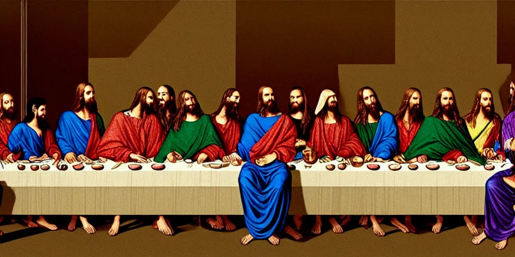 Image similar to the last supper wearing gucci versace gold rich intricate textiles cloak tunic streetwear cyberpunk modern design