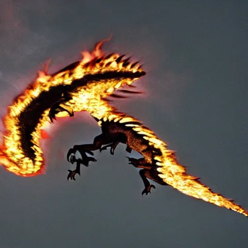 Prompt: “ a large black-scaled dragon flying and breathing fire downward”