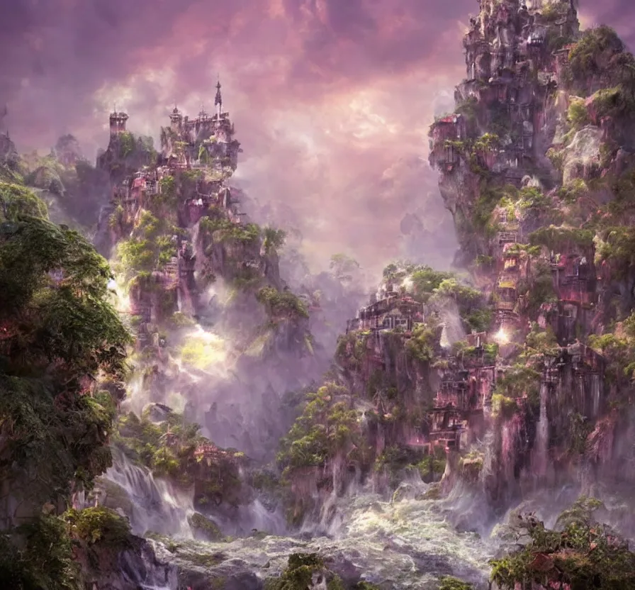 Prompt: beautiful!!! digital painting of a ( ( ( floating cloud kingdom, cloud platforms ) ) ) with an intricate expensive castle and waterfalls!! | dreamy pink!!! sunset!!! intricate civilization, epic rim lighting, dramatic!!!! craig mullins, james jean, octane render, trending on artstation, deviantart, studio level quality, hyperdetailed