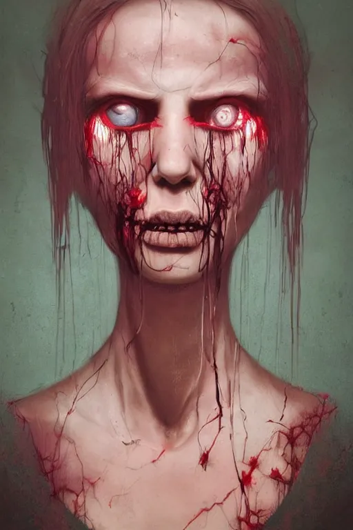 Image similar to grunge portrait of a creepy horror nurse girl . intricate artwork. nightmare fuel. terrifying. Asylum background. by beeple, zdzisław Beksiński, dan mumford , trending on artstation, greg rutkowski very coherent artwork. cinematic, hyper realism, high detail, octane render, 8k