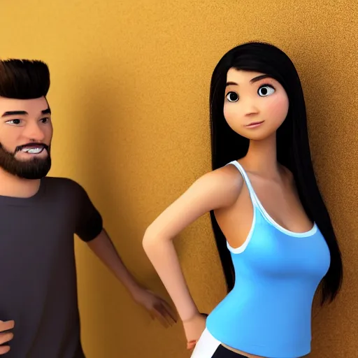 Image similar to young beautiful athletic Filipino woman with long hair standing beside a handsome caucasian athletic thin man with very short buzzed thinning hair, stubble beard on his face, blue eyes, they are posing, depicted as adult Pixar characters, high quality cg render, 4k