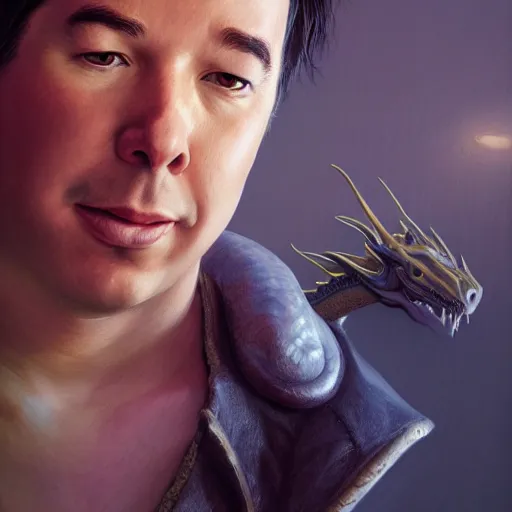 Image similar to a portrait of michael mcintyre, there is a dragon in the background, anatomy, bathed in light, highly detailed, photorealistic, artstation, smooth, sharp focus, illustration, unreal engine 5, 8 k, art by artgerm and greg rutkowski and edgar maxence