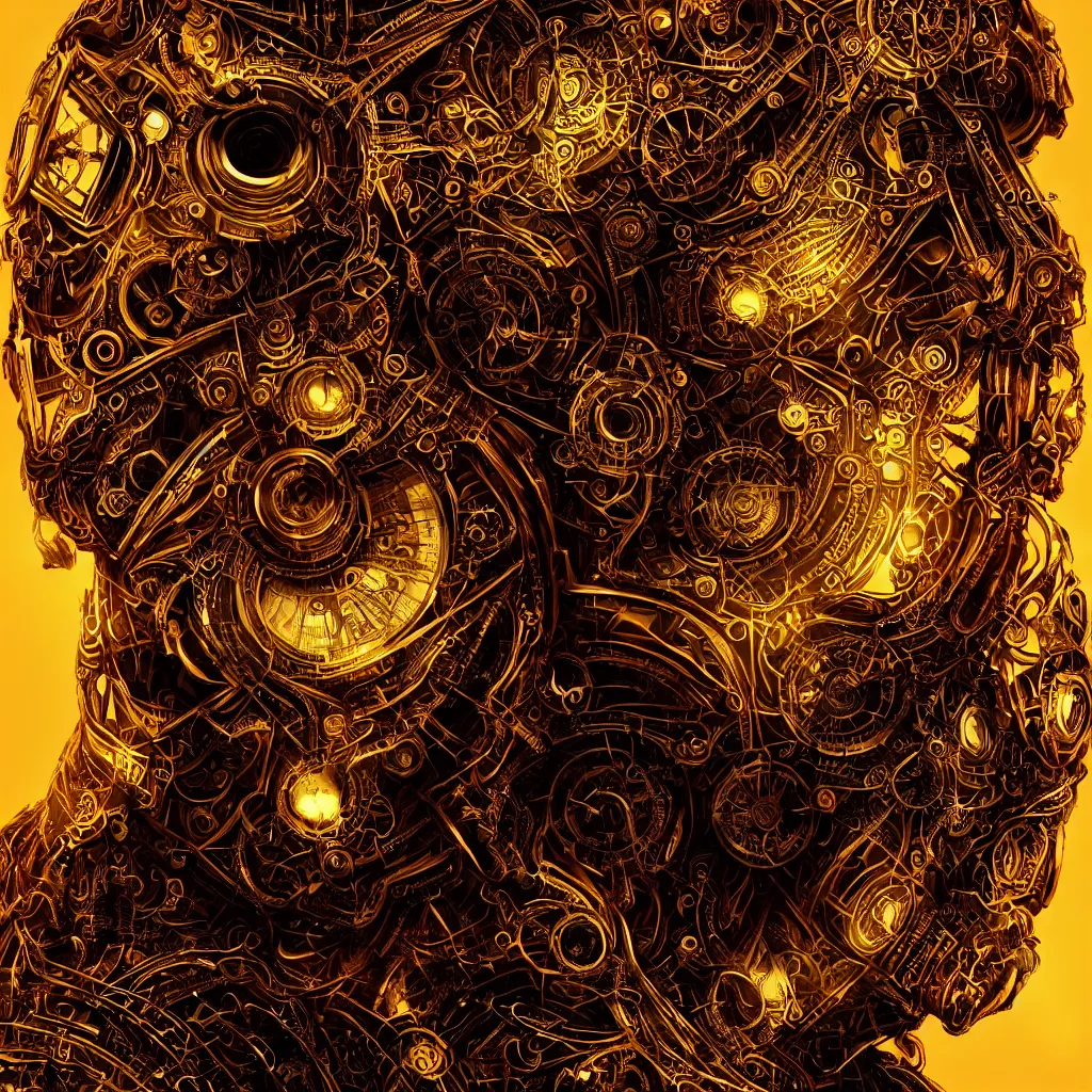 Prompt: singular beautiful symmetrical close up head and shoulder face portrait android woman time machine axonometric mechanical fantasy intricate elegant highly detailed in volumetric void of latent space, golden turquoise steampunk, high contrast cinematic light, mystical shadows, digital painting, smooth, sharp focus, divine realm of gods, octane render, photographic, concept art, artist leonardo davinci, unreal engine 8 k