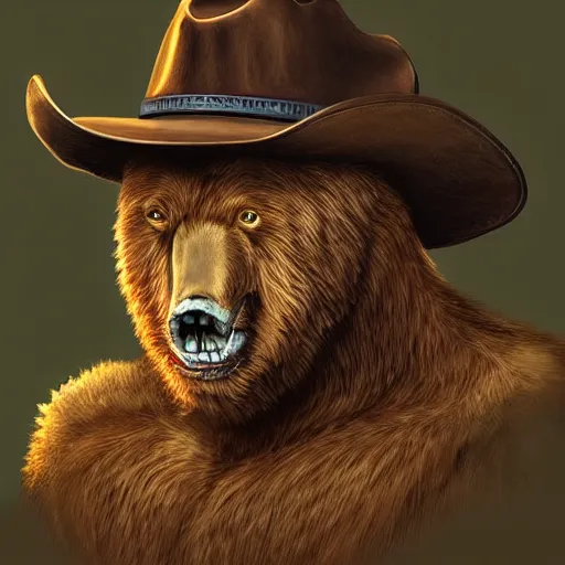 Image similar to portrait of bear beast-man wearing a cowboy hat, digital art, concept art, highly detailed, sharp focus