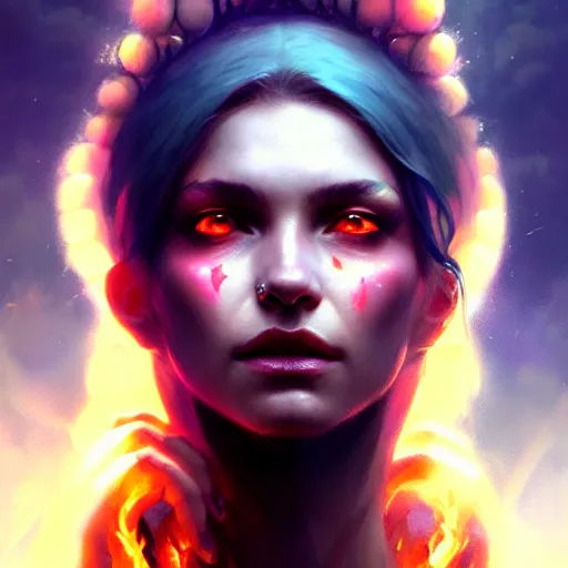 Prompt: a beautiful portrait of a nature and poison goddess with slightly closed eyes by Greg Rutkowski and Raymond Swanland, Trending on Artstation, Flaming Background, ultra realistic digital art