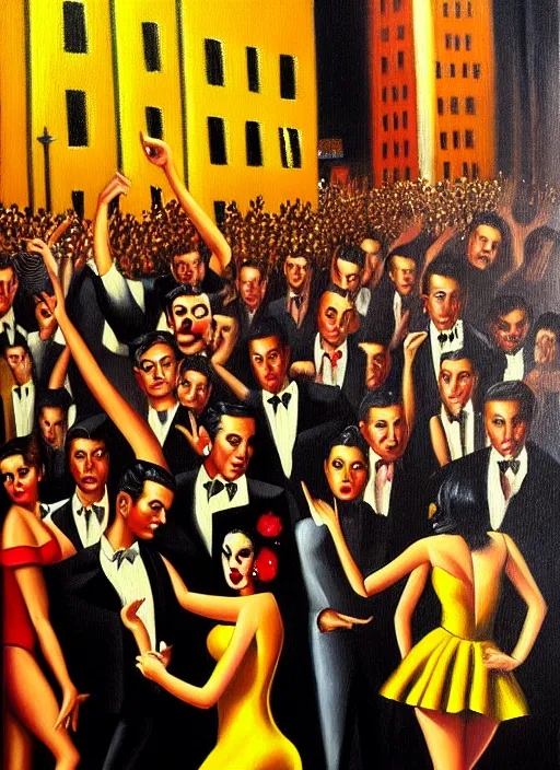 Prompt: film noir disco, crowds of people, she arrived in a golden dress oil painting