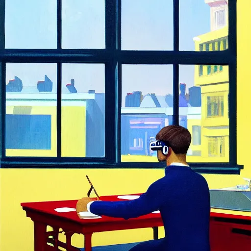 Image similar to A fine art painting of a man wearing Vr goggles dressed in tech wear and creating the metaverse at a desk through a window on a British street. In the style of Edward Hopper and Wes Anderson