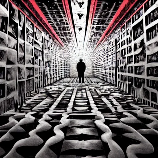 Prompt: a dark mind in a nightmare is aware of betrayal sadness and despondency of a schizophrenic in a red mirror maze room