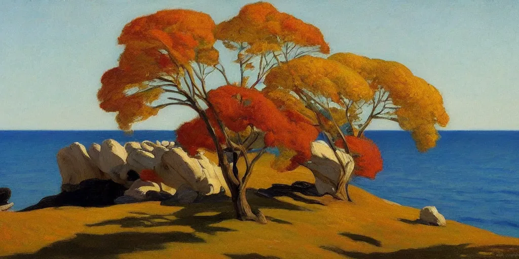 Prompt: a beautiful landscape painting of a rocky outcrop on the coast with a tree next to a house, autumn season, by edward hopper, oil on canvas, highly detailed, hd, 4 k