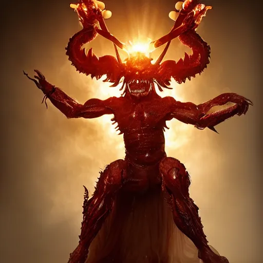 Image similar to a demon inspired by the sun created by the make up artist hungry, photographed by andrew thomas huang, cinematic, expensive visual effects