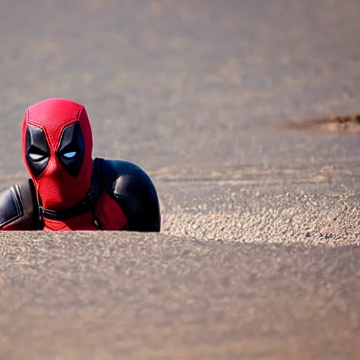 Prompt: deadpool sticking his head out of empty drained lake mead