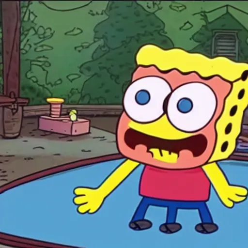Image similar to sponge bob doing trampoline with rick grimes in the walking dead