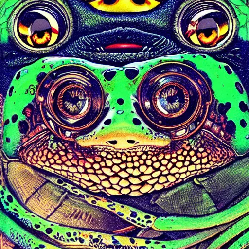 Prompt: portrait closeup of crazy pepetgte frog, symmetrical, cinematic colors, by yoichi hatakenaka, masamune shirow, josan gonzales and dan mumford, ayami kojima, takato yamamoto, barclay shaw, karol bak, yukito kishiro