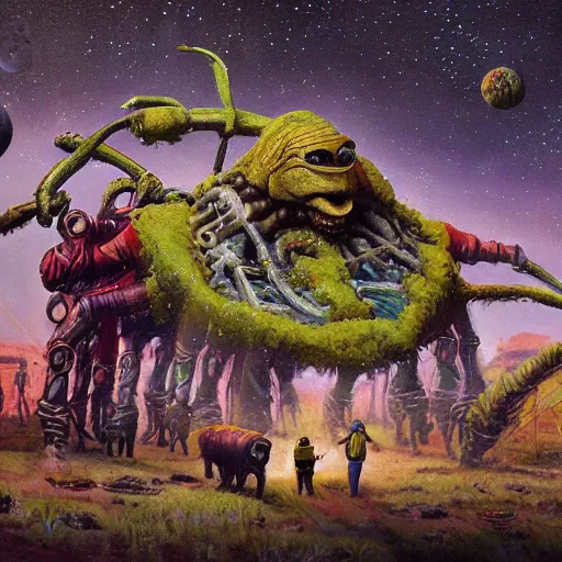 Image similar to extraterrestrial farmers on ancient post - apocalyptic planet, jim henson creature shop, vivid and colorful, cinematic, oil painting, highly detailed, illustration