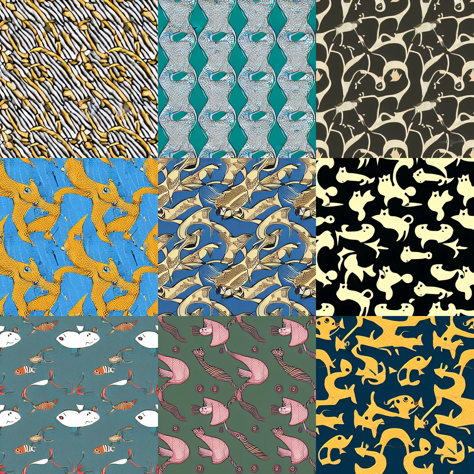 Prompt: simple seamless pattern intertwining cat and fish by escher