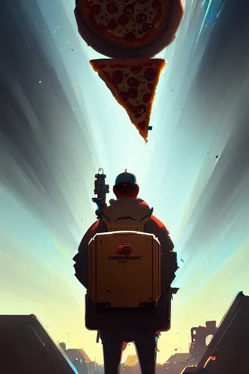 Image similar to greg rutkowski travel poster science fiction pizza delivery man