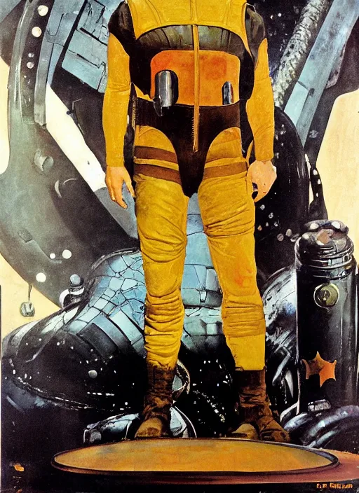 Prompt: full body portrait of actor Kenneth McMillan as baron harkonnen wearing ragged leather spacesuit and floating ten feet above floor in dystopian science fiction palace, painted by norman rockwell and phil hale and tom lovell and frank schoonover and piotr jablonski, dune 1982 movie