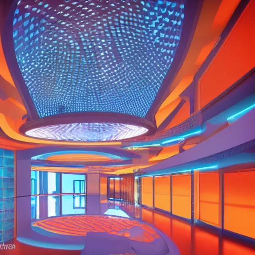 Prompt: futuristic hotel lobby, hyper detailed, digital art, trending in artstation, cinematic lighting, teal and orange