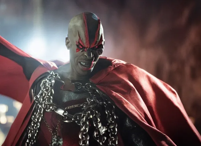 Image similar to film still of jamie foxx as spawn in the new spawn movie, giant chains, large cape, 8 k