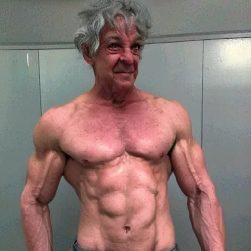 Prompt: gandalf the grey, shirtless, with huge pecs, 6 pack abs, workout flex