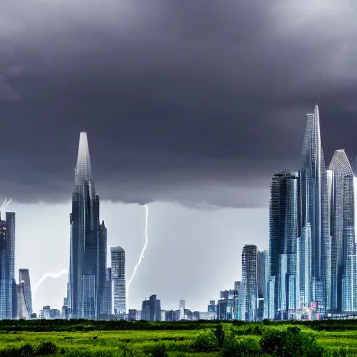 Image similar to Wide shot of colossal futuristic megacity towering across the landscape, thunder storm, EOS-1D, f/16, ISO 200, 1/160s, 8K, symmetrical balance, in-frame