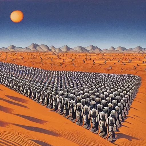 Image similar to painting of army of army of metallic robots in desert, by mc escher