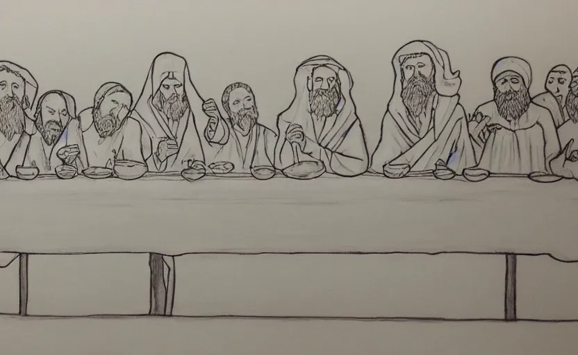 Image similar to last supper, drawn by a 5 year old detailed, sketh