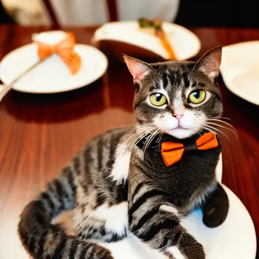 Image similar to A photo of a cat wearing a bowtie sitting in a fancy and expensive gourmet restaurant and eating a plate of cat food. f/2.8, dim lighting, award winning photo