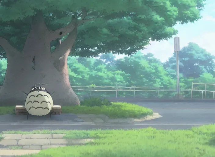 Prompt: a totoro standing next to a bus-stop , wide shot, peaceful and serene, incredible perspective, anime scenery by Makoto Shinkai, very detailed