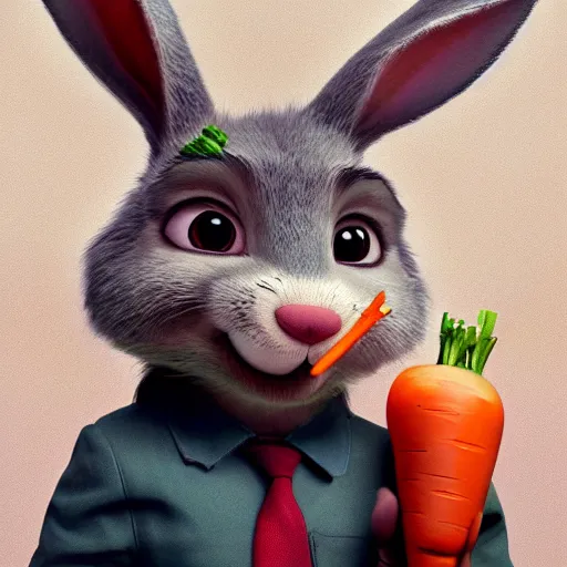 Image similar to portrait of a incredibly cute bunny, eating a carrot, zootopia, cgi, blade runner, cyberpunk background, trending on artstation