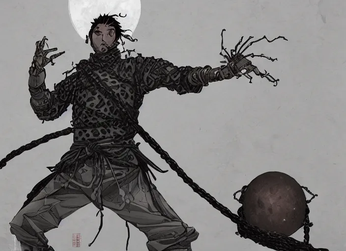 Image similar to samurai vagabond WITH A MOON BEHIND , HAS 4 ARMS AND IS WRAPPED IN CHAINS, manga,detailed, studio lighting, gradation,editorial illustration, matte print, Ilya Kuvshinov, concept art, digital