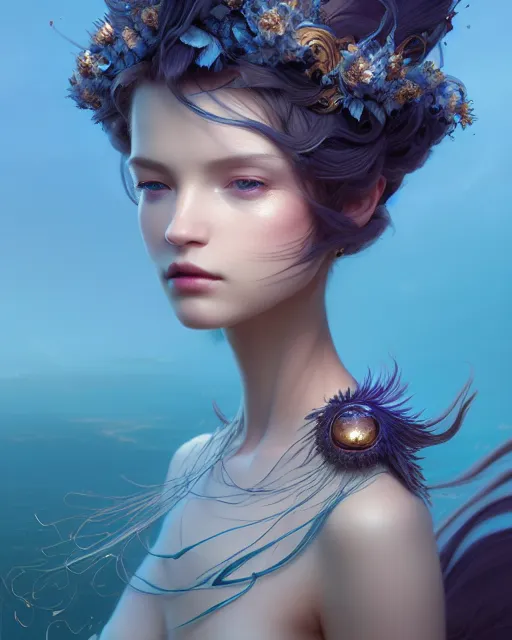 Prompt: rhythm of the wind, beauty portrait, azure. delicate crown, detailed hair, fractal feathers, ornate, intricate environment, fantasy art by ilya kuvshinov, peter mohrbacher, greg rutkowski, ross tran, craig mullins, thomas kinkade, victo ngai. unreal engine 5 highly rendered, blender, octane, ray tracing. sharp focus, post processing