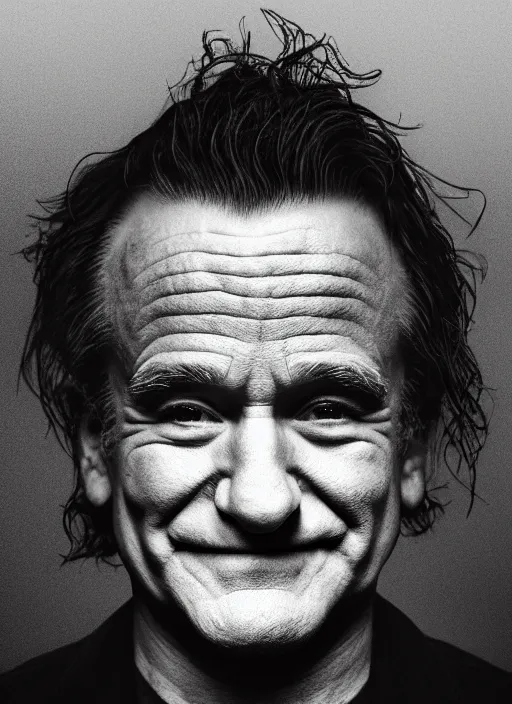 Prompt: photo of Robin Williams as the Joker by Lee Jeffries and Eolo Perfido, head shot, detailed, award winning, Sony a7R, trending on artstation