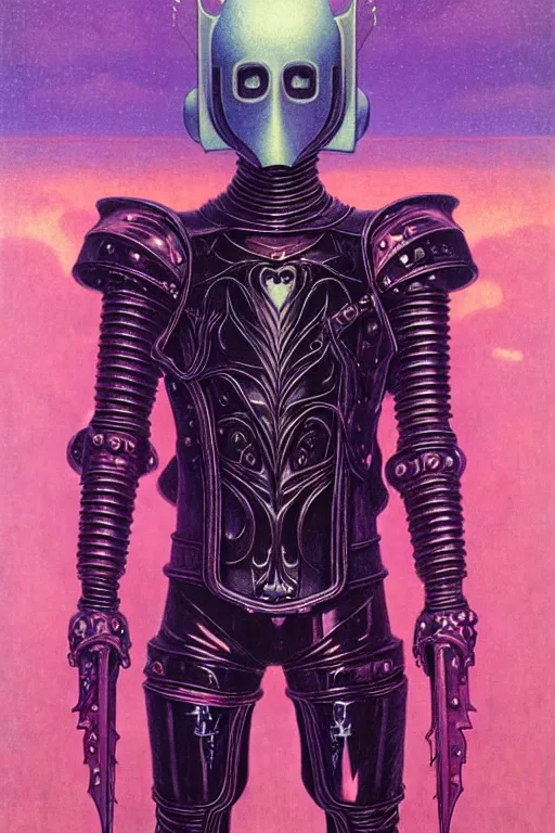 Prompt: portrait of gothic and futuristic young mainem, warhammer, cyber armor, a lot of scars, thunderstorm, purple head, heart pink instead of eyes, the middle ages, highly detailed, artstation, in the style of moebius, jugendstil and classic japanese print, art by rene magritte, jean delville