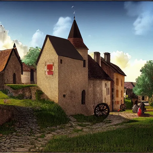 Image similar to digital art of a small village in medieval France in the style of Deiv Calviz, 4K