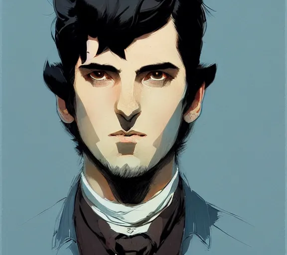 Prompt: portrait victorian man with black hair and yellow eyes, by atey ghailan, by greg rutkowski, by greg tocchini, by james gilleard, by joe fenton, by kaethe butcher, by ashley wood, dynamic lighting, gradient light blue, brown, blonde cream and white color scheme, grunge aesthetic