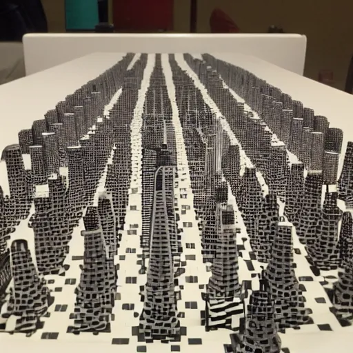 Prompt: city skyline made of chess pieces