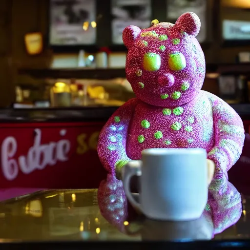 Image similar to Mr Blobby sitting depressed in a smoky cafe