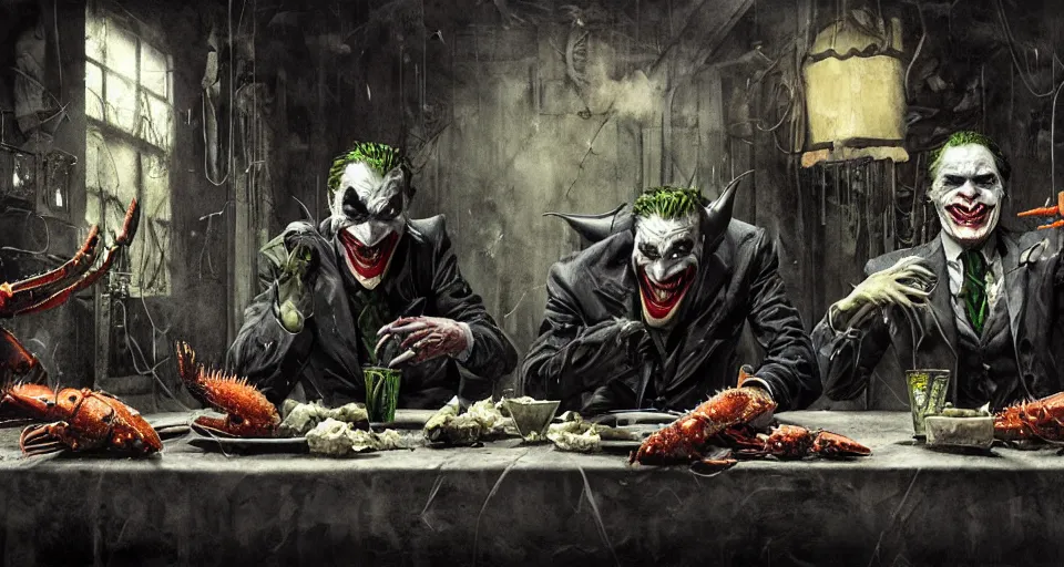 Prompt: the joker and batman sharing lobster dinner in arkham asylum, by giger, stalenhag, beksinski, retro sci - fi movie, highly detailed, photorealistic, illustration, matte painting, 8 k, hd, trending on artstation